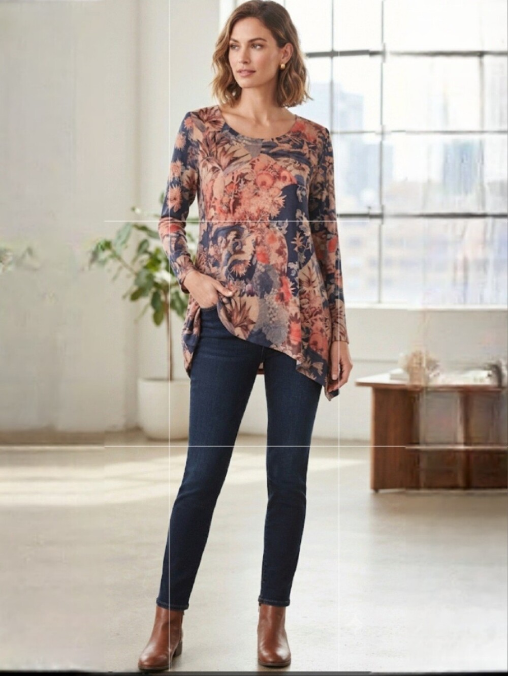 Soft Surroundings Millie Tunic Top Navy Rose Floral Print Long Sleeve Size PXS